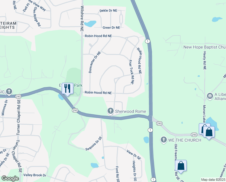 map of restaurants, bars, coffee shops, grocery stores, and more near 100 Robin Hood Road Northeast in Rome