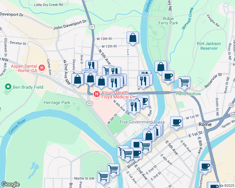 map of restaurants, bars, coffee shops, grocery stores, and more near 475 Turner McCall Boulevard Northeast in Rome