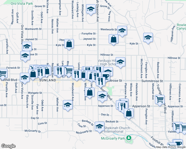 map of restaurants, bars, coffee shops, grocery stores, and more near 10531 Greenburn Avenue in Los Angeles
