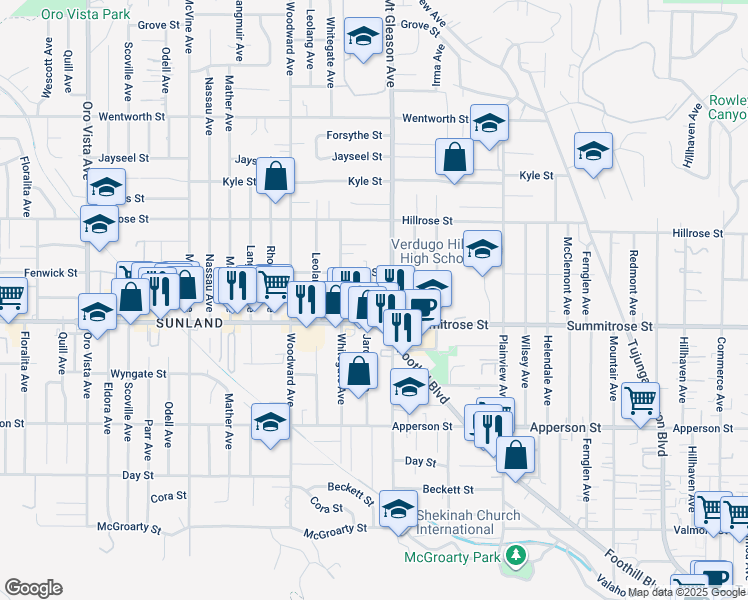 map of restaurants, bars, coffee shops, grocery stores, and more near 10531 Greenburn Avenue in Los Angeles