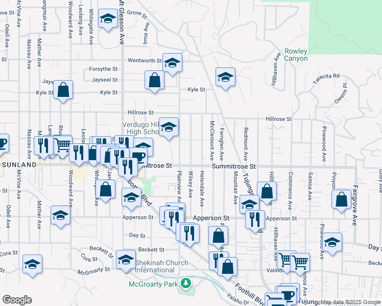 map of restaurants, bars, coffee shops, grocery stores, and more near 10208 Wilsey Avenue in Los Angeles