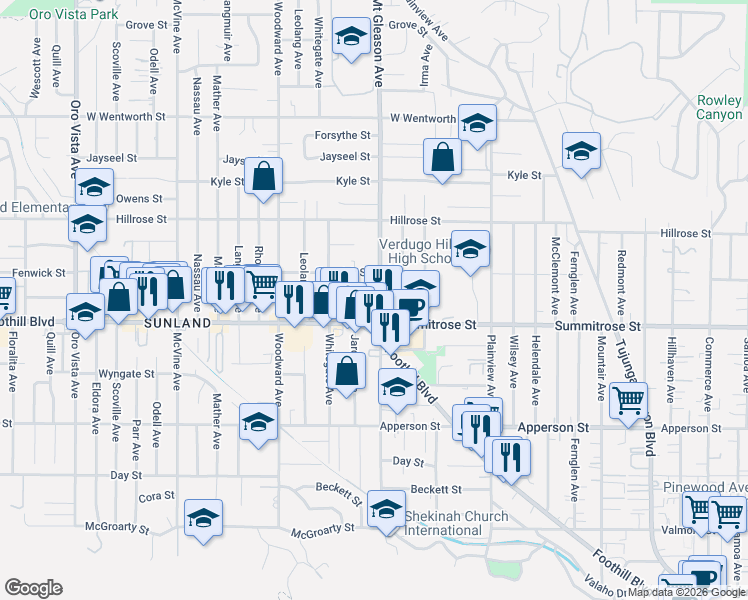 map of restaurants, bars, coffee shops, grocery stores, and more near 10529 Mount Gleason Avenue in Los Angeles