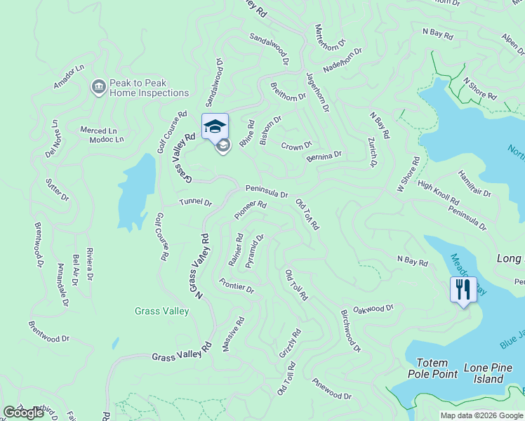 map of restaurants, bars, coffee shops, grocery stores, and more near 528 Rainier Road in Lake Arrowhead