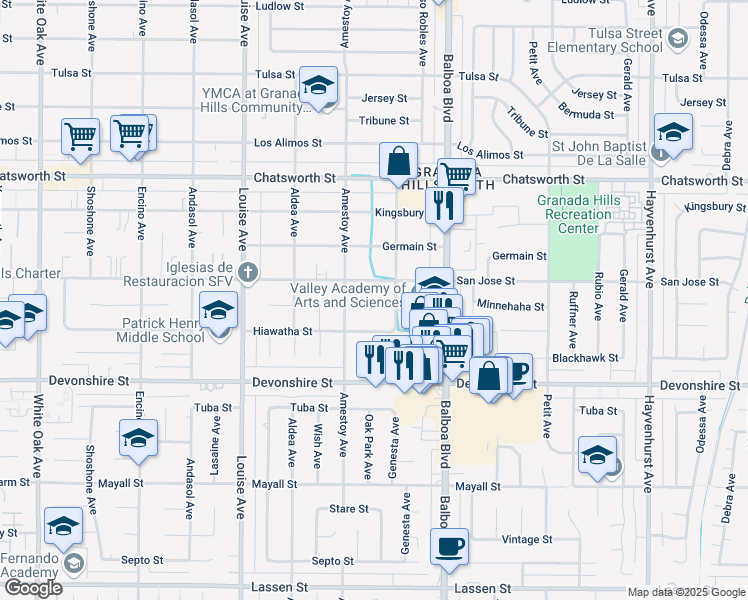 map of restaurants, bars, coffee shops, grocery stores, and more near 17112 Minnehaha Street in Los Angeles