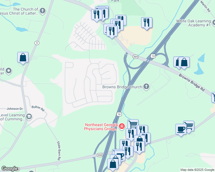 map of restaurants, bars, coffee shops, grocery stores, and more near 5755 Rialto Way in Cumming