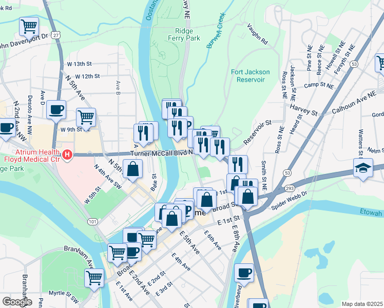 map of restaurants, bars, coffee shops, grocery stores, and more near 205 Riverside Parkway Northeast in Rome