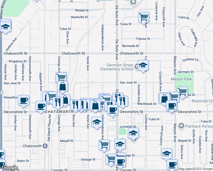 map of restaurants, bars, coffee shops, grocery stores, and more near 10426 Independence Avenue in Los Angeles