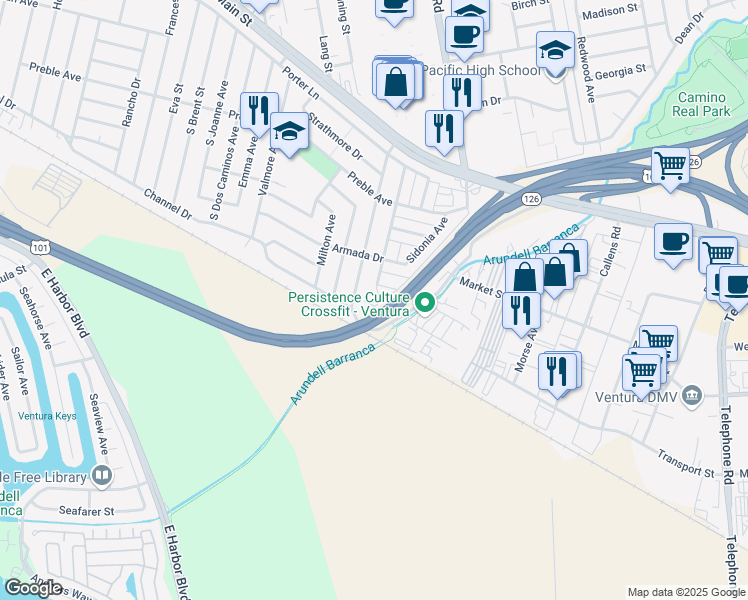 map of restaurants, bars, coffee shops, grocery stores, and more near 893 Empire Avenue in Ventura