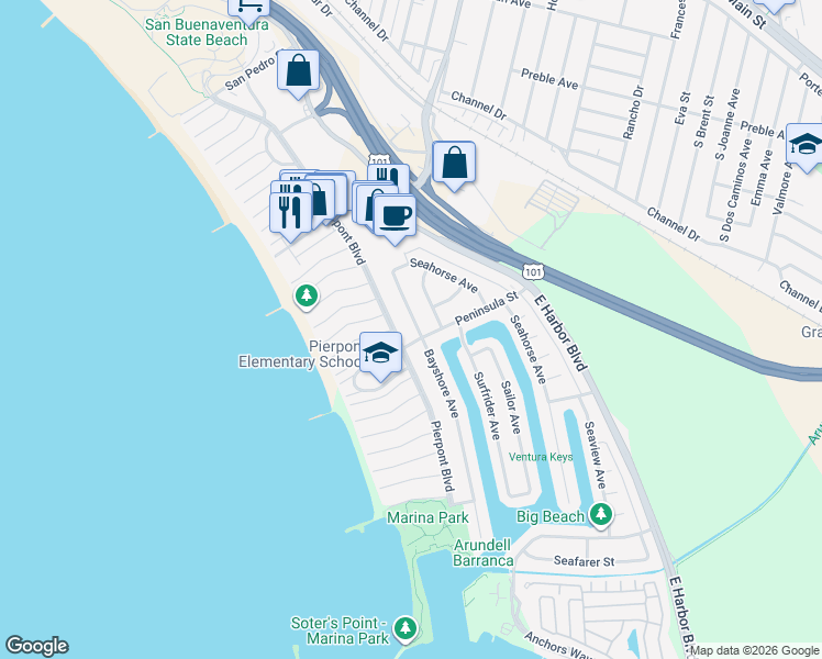 map of restaurants, bars, coffee shops, grocery stores, and more near 2571 Pierpont Boulevard in Ventura