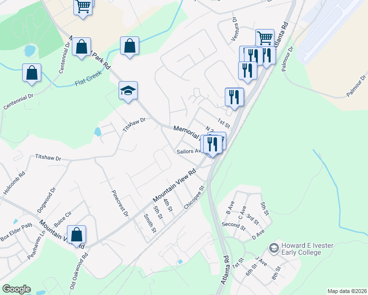 map of restaurants, bars, coffee shops, grocery stores, and more near 2234 Titshaw Drive in Gainesville
