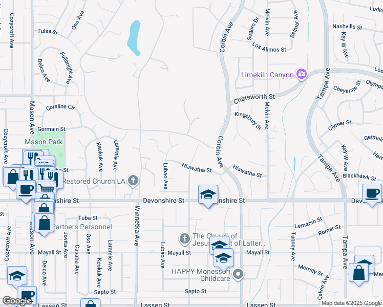 map of restaurants, bars, coffee shops, grocery stores, and more near 10467 Oakdale Avenue in Los Angeles