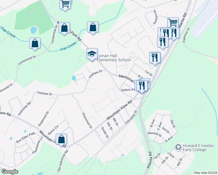 map of restaurants, bars, coffee shops, grocery stores, and more near 3630 Del Rio Drive in Gainesville