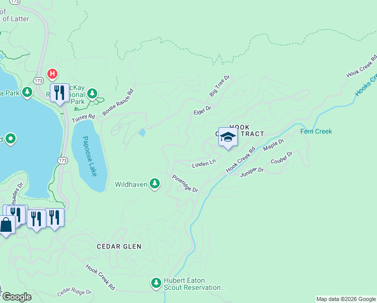 map of restaurants, bars, coffee shops, grocery stores, and more near Acacia Drive in Lake Arrowhead
