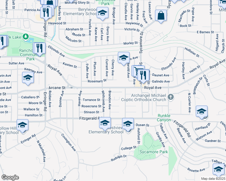 map of restaurants, bars, coffee shops, grocery stores, and more near 2346 Royal Avenue in Simi Valley
