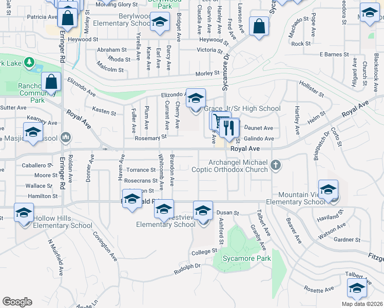 map of restaurants, bars, coffee shops, grocery stores, and more near 2396 Torrance Street in Simi Valley