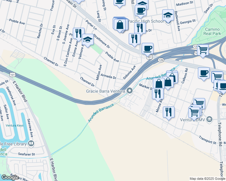 map of restaurants, bars, coffee shops, grocery stores, and more near 893 Empire Avenue in Ventura
