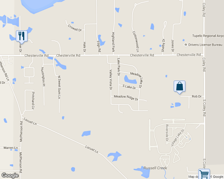 map of restaurants, bars, coffee shops, grocery stores, and more near Valley Vista Dr in Tupelo