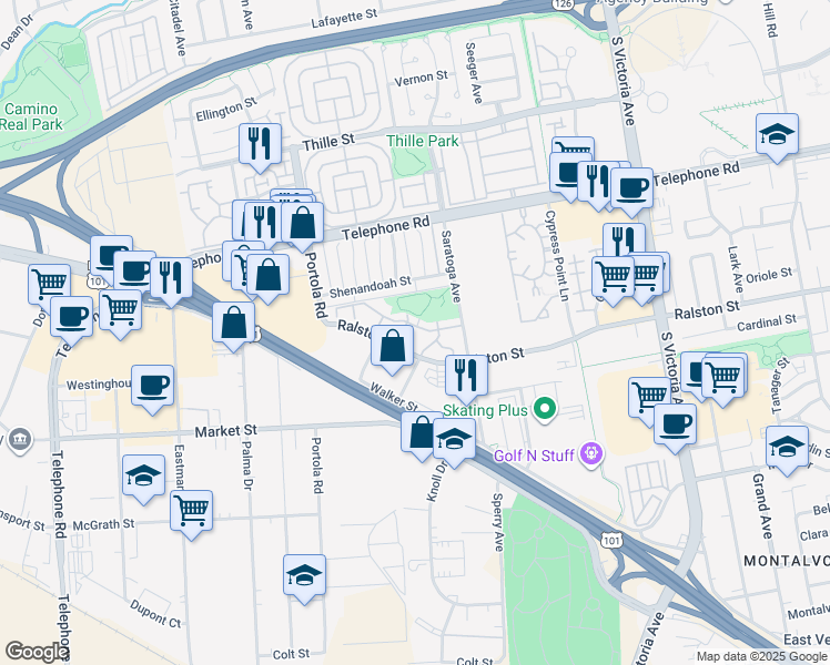 map of restaurants, bars, coffee shops, grocery stores, and more near 1424 Zion Way in Ventura