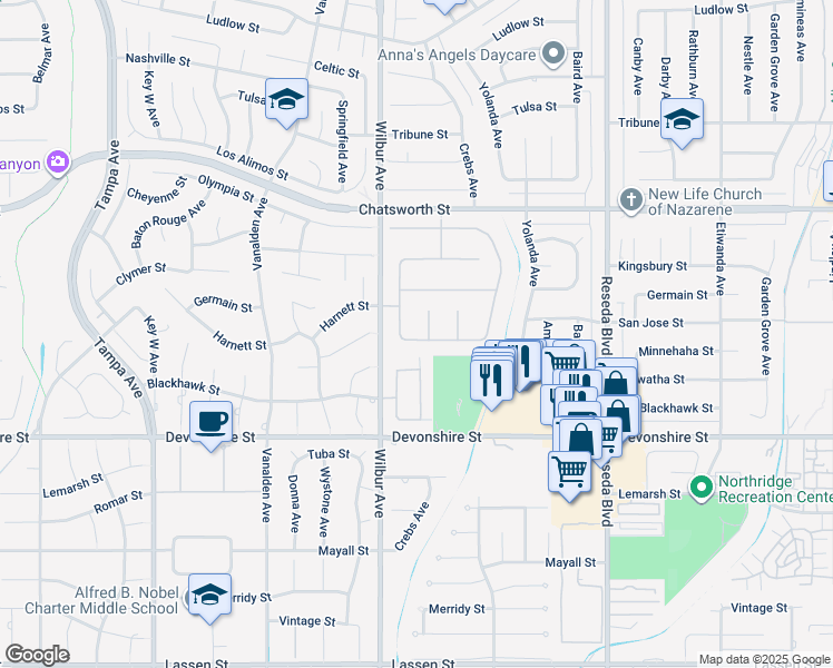 map of restaurants, bars, coffee shops, grocery stores, and more near 18809 Maplewood Lane in Los Angeles