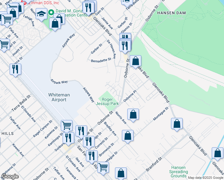 map of restaurants, bars, coffee shops, grocery stores, and more near 12411 Osborne Street in Los Angeles