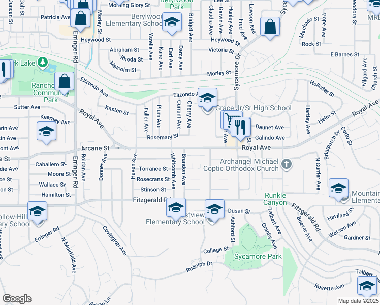 map of restaurants, bars, coffee shops, grocery stores, and more near 2346 Royal Avenue in Simi Valley