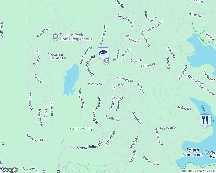 map of restaurants, bars, coffee shops, grocery stores, and more near 593 Grass Valley Road in Lake Arrowhead