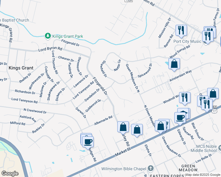 map of restaurants, bars, coffee shops, grocery stores, and more near 733 Bracken Fern Drive in Wilmington