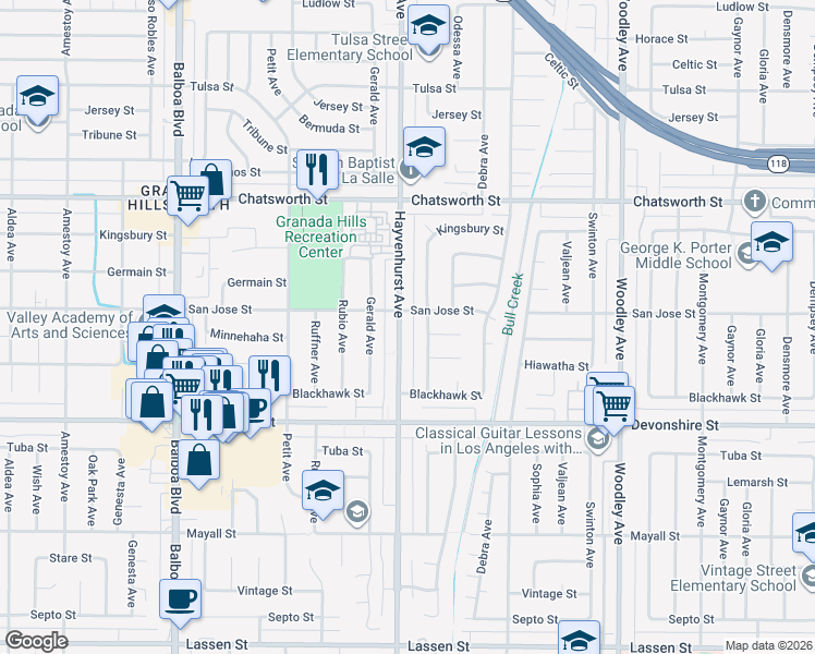 map of restaurants, bars, coffee shops, grocery stores, and more near 10444 Hayvenhurst Avenue in Los Angeles