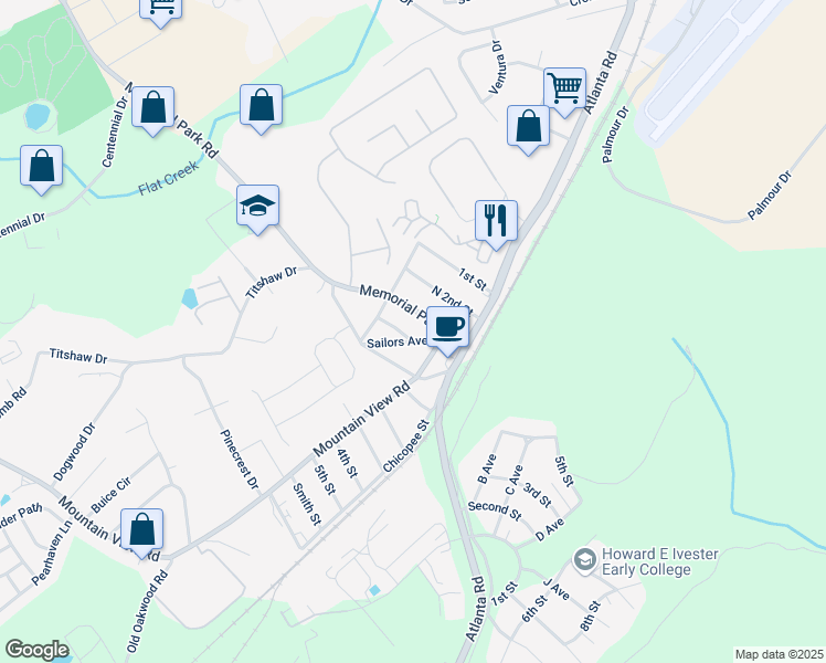 map of restaurants, bars, coffee shops, grocery stores, and more near 2202 Mountain View Road in Gainesville