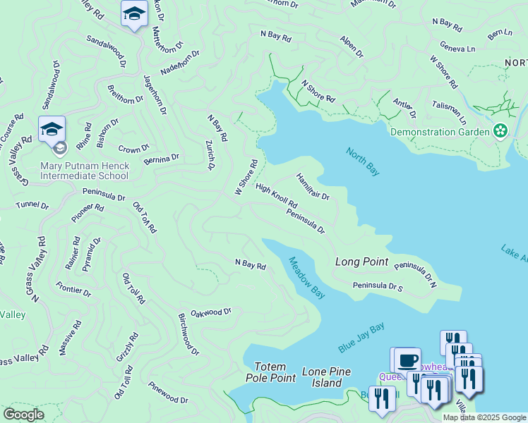 map of restaurants, bars, coffee shops, grocery stores, and more near 27571 Meadow Cove Court in Lake Arrowhead