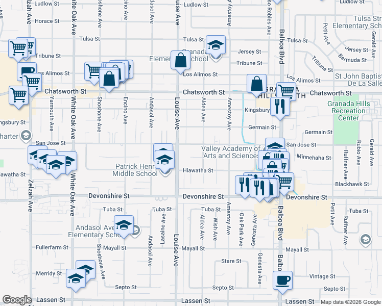 map of restaurants, bars, coffee shops, grocery stores, and more near 10420 Louise Avenue in Los Angeles