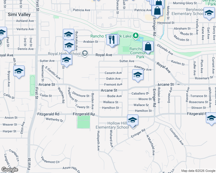 map of restaurants, bars, coffee shops, grocery stores, and more near 1560 Arcane Street in Simi Valley