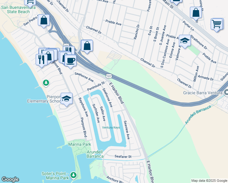 map of restaurants, bars, coffee shops, grocery stores, and more near 901 Seaside Court in Ventura