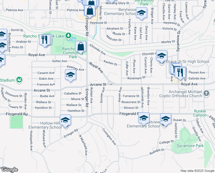 map of restaurants, bars, coffee shops, grocery stores, and more near 2042 Arcane Street in Simi Valley