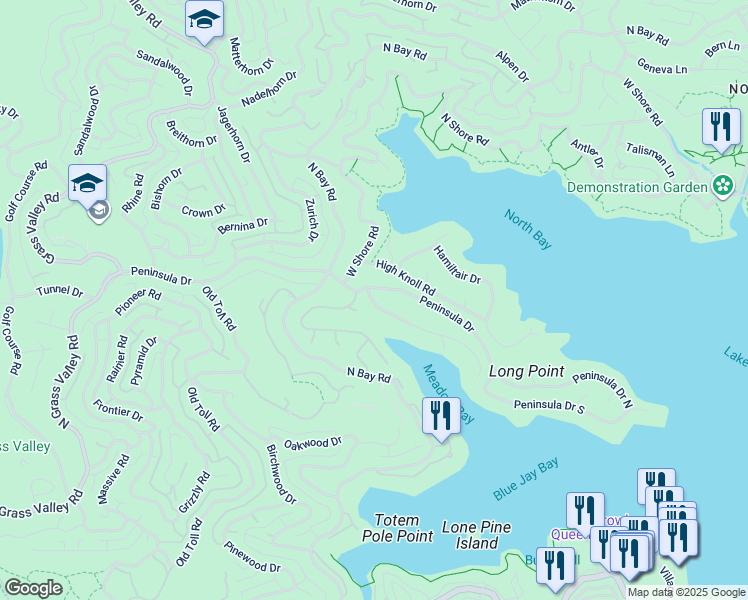 map of restaurants, bars, coffee shops, grocery stores, and more near 428 Meadow Bay Lane in Lake Arrowhead