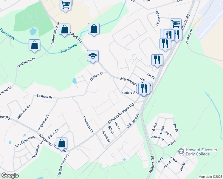 map of restaurants, bars, coffee shops, grocery stores, and more near 3630 Del Rio Drive in Gainesville
