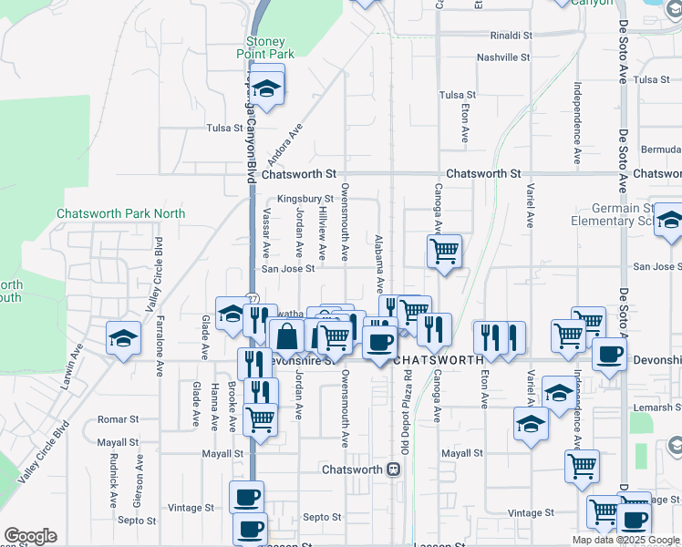 map of restaurants, bars, coffee shops, grocery stores, and more near 21700 San Jose Street in Los Angeles