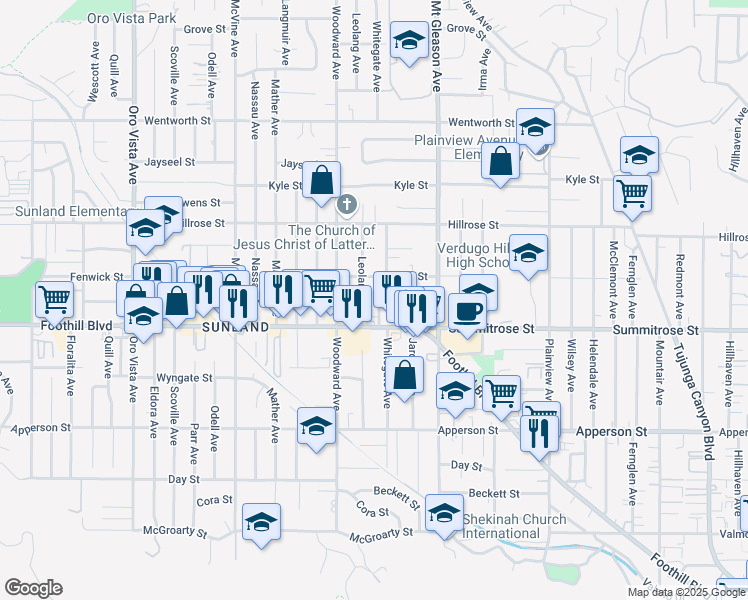 map of restaurants, bars, coffee shops, grocery stores, and more near 10533 Whitegate Avenue in Los Angeles