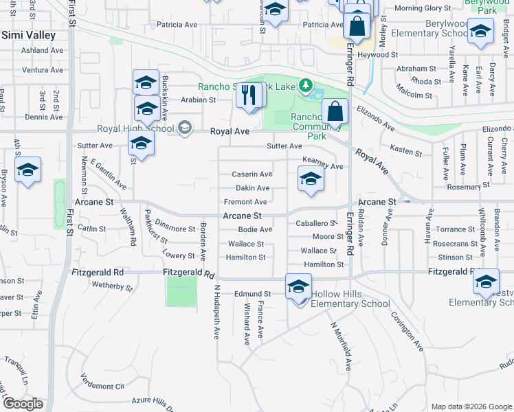 map of restaurants, bars, coffee shops, grocery stores, and more near 1634 Arcane Street in Simi Valley