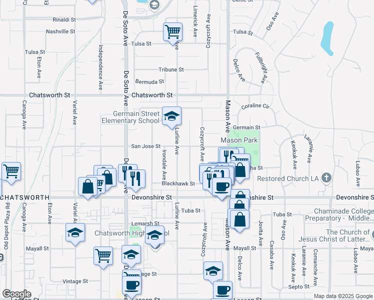 map of restaurants, bars, coffee shops, grocery stores, and more near 20636 San Jose Street in Los Angeles