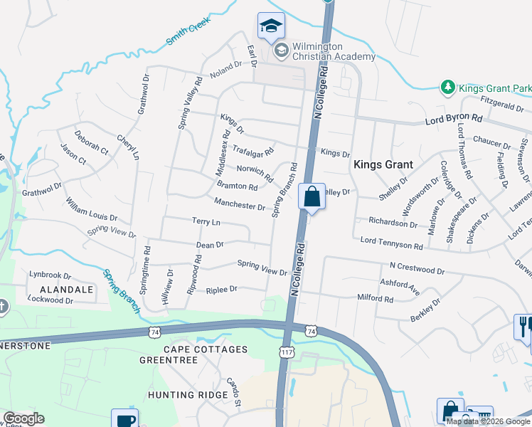 map of restaurants, bars, coffee shops, grocery stores, and more near 725 Spring Branch Road in Wilmington