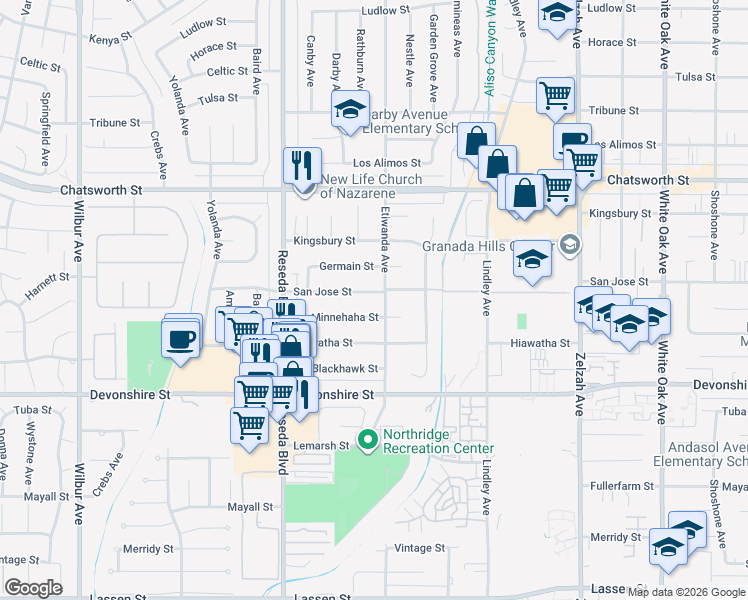 map of restaurants, bars, coffee shops, grocery stores, and more near 18260 Minnehaha Street in Los Angeles