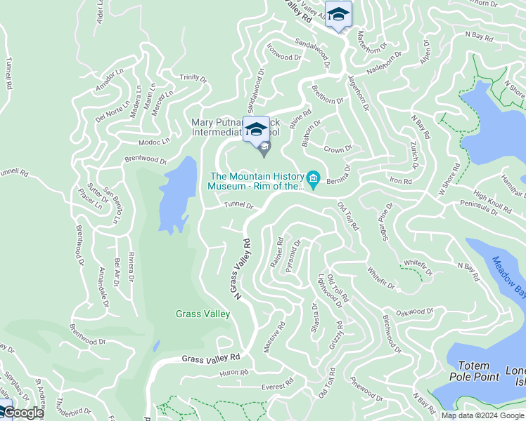 map of restaurants, bars, coffee shops, grocery stores, and more near Grass Valley Road in Lake Arrowhead