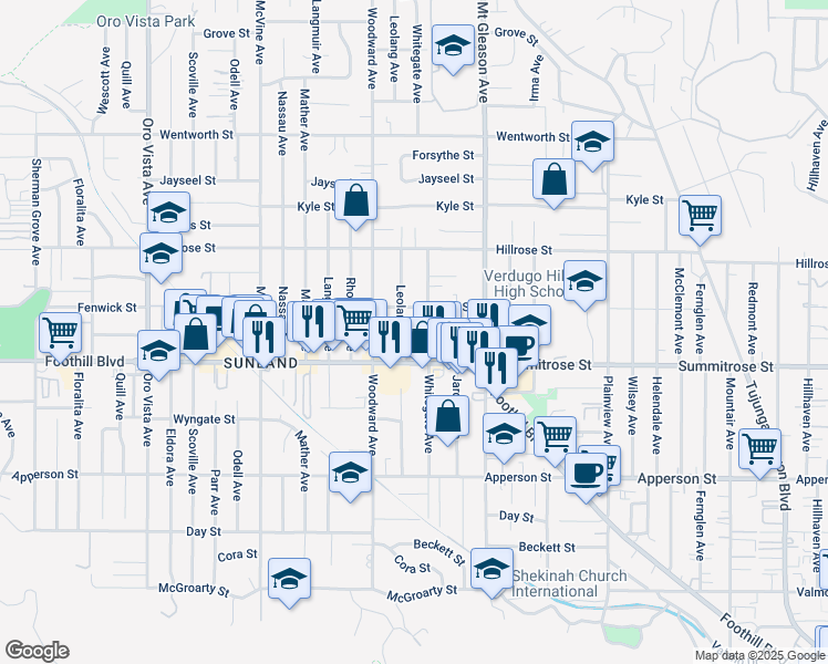map of restaurants, bars, coffee shops, grocery stores, and more near 10533 Whitegate Avenue in Los Angeles