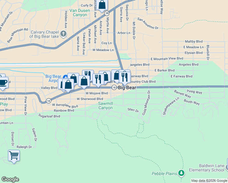 map of restaurants, bars, coffee shops, grocery stores, and more near 136 West Mojave Boulevard in Big Bear