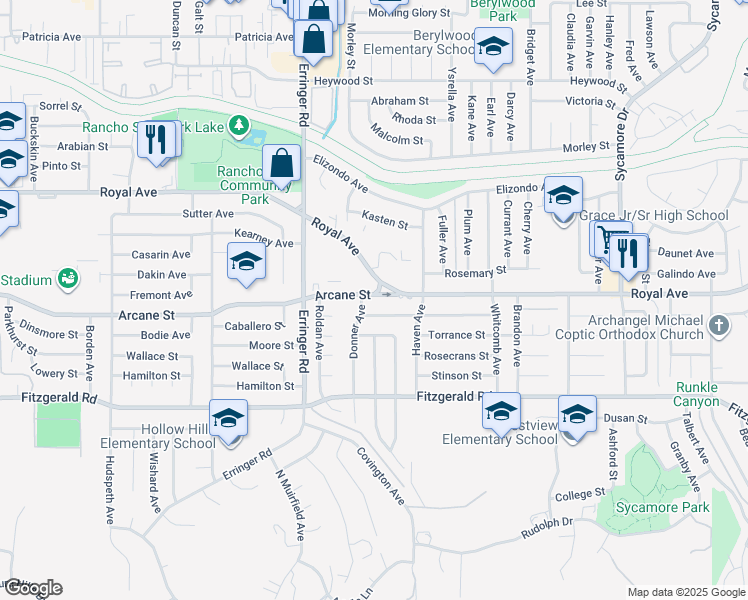 map of restaurants, bars, coffee shops, grocery stores, and more near 2042 Arcane Street in Simi Valley