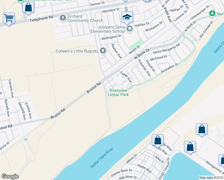 map of restaurants, bars, coffee shops, grocery stores, and more near 1869 Rogue River Circle in Ventura