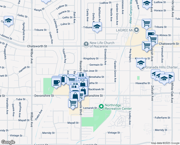 map of restaurants, bars, coffee shops, grocery stores, and more near 18414 San Jose Street in Los Angeles