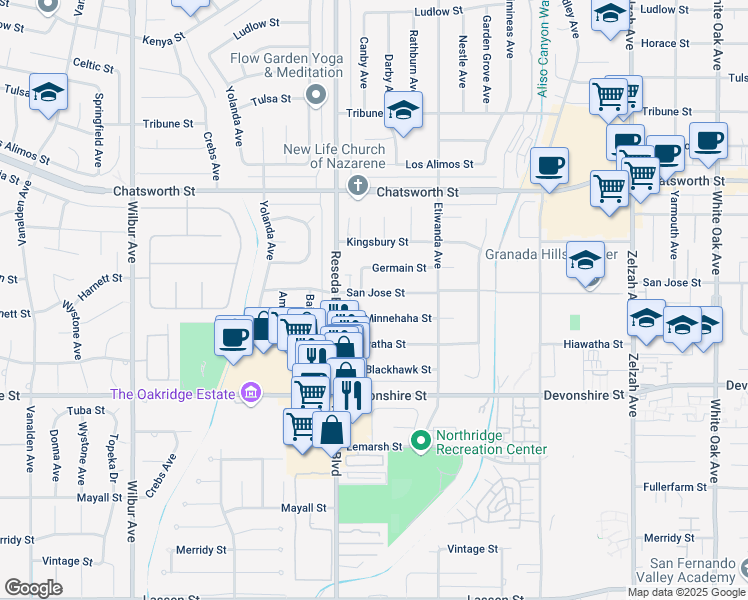 map of restaurants, bars, coffee shops, grocery stores, and more near 18414 San Jose Street in Los Angeles
