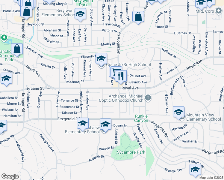 map of restaurants, bars, coffee shops, grocery stores, and more near 2466 Royal Avenue in Simi Valley